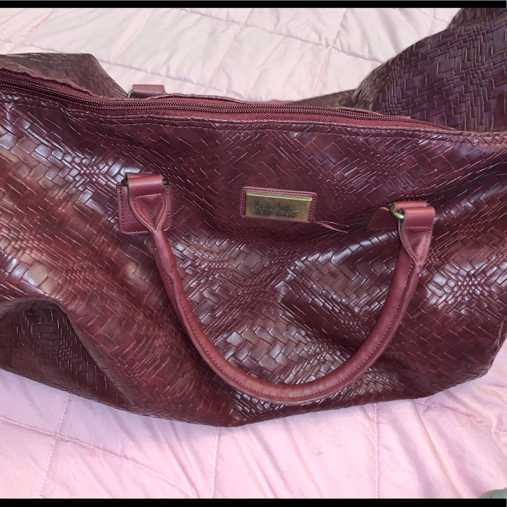 Nicole Miller Womens Burgundy Cheetah Leather Crossbody Strap Travel Duffle Bag